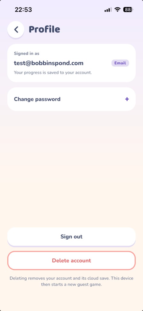 Bobbin's Pond Profile screen. Delete account is the coral button at the bottom, under Sign out.